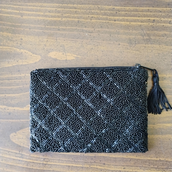 Lancome Black Beaded Coin/Card Pouch 6" X 4" - Picture 2 of 3